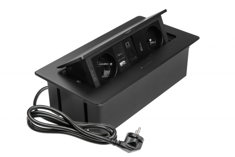 MULTISOFT tomada para móveis 2x Tomada com Aterramento, USB A+C, RJ45, HDMI, Cabo de Alimentação com Plugue, Preto