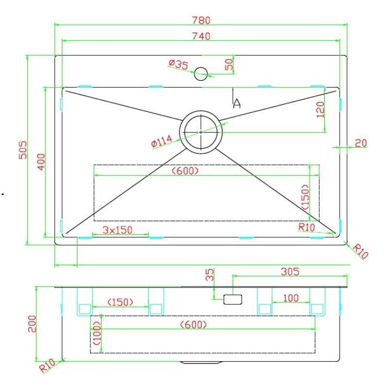 Pure.Sink Luxion Pia grande em aço inoxidável 78x50 cm Tapwing com bancada com orifício para torneira PLX7850T-02