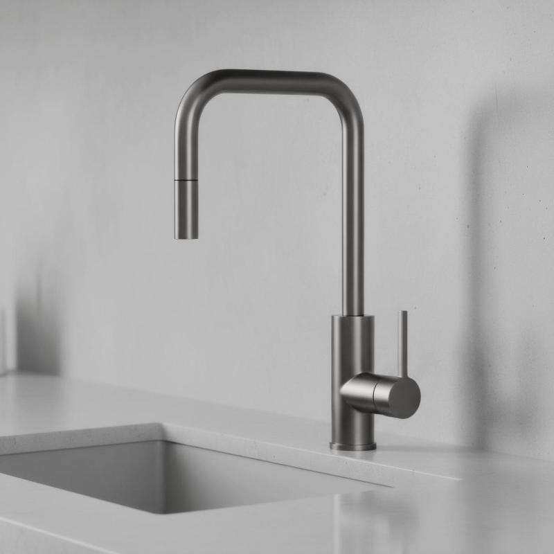 Pure.Sink Luxion Torneira de cozinha em metal cinzento quadrada com bico extraível PLXSQUA-61