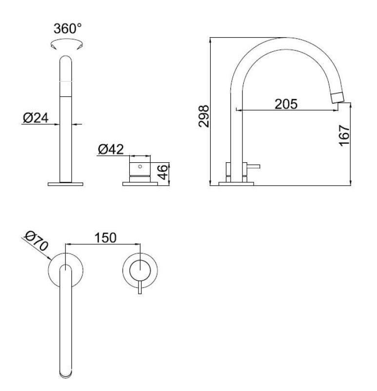 Pure.Sink Luxion Torneira de cozinha de 2 furos em metal escuro com bico redondo PLX2HR-61