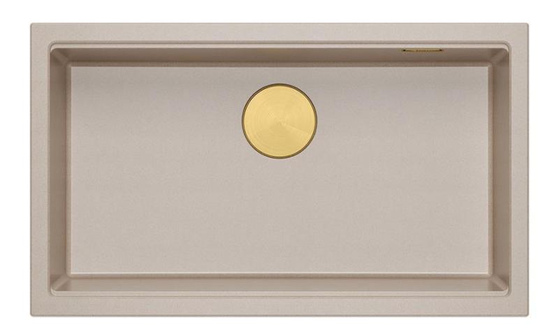Quadri Newport II large and deep granite sink for top mount and undermount in beige, sink size 76x45cm with gold plug 1208971759.