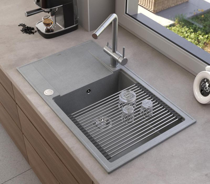 Quadri Luton pearl beige granite large built-in sink with reversible drainer 86x50cm with stainless steel plug 1208971775