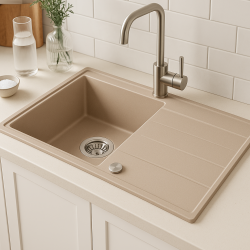 Quadri Luton pearl beige pia de granito embutida com área de escorrimento reversível 86x50cm com plugue de aço inoxidável 1208971779