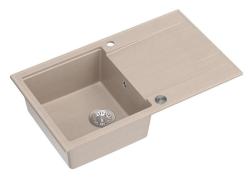 Quadri Luton beige granito montado pia com área de escorrimento reversível 86x50cm com plugue de aço inoxidável 1208971779