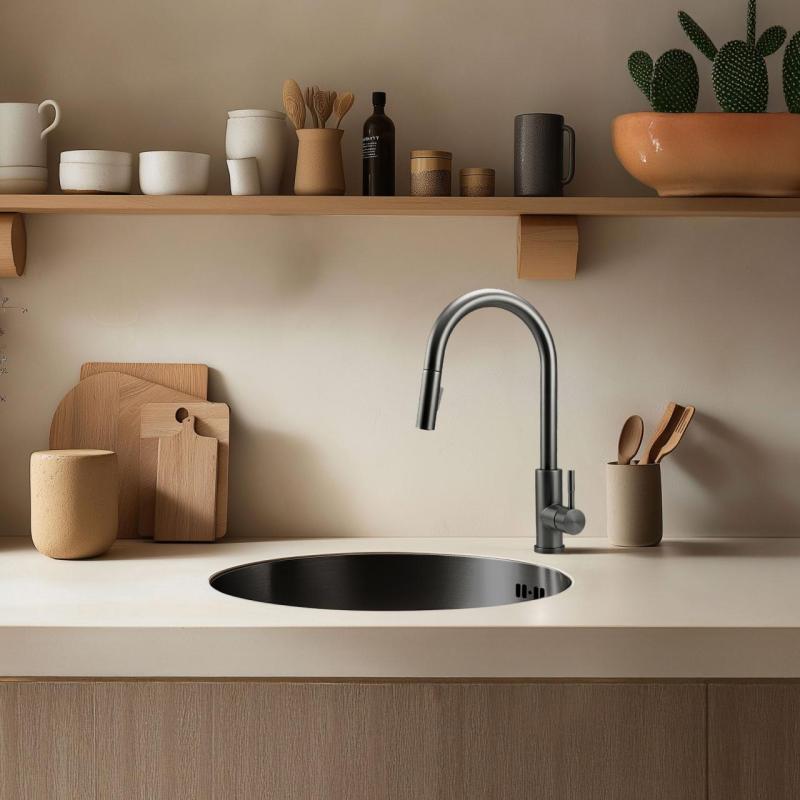 Pure.Sink Rondo Gun Metal Round Sink flush mount, undermount and top mount 38 cm PRN38-61