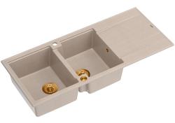 Quadri Luton montagem de pia dupla em granito pérola bege com área de escorrimento 116x50 cm com plugue de cobre 1208971801