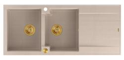 Quadri Luton construção de pia dupla de granito pérola bege com área de escorrimento 116x50 cm com plugue dourado 1208971809