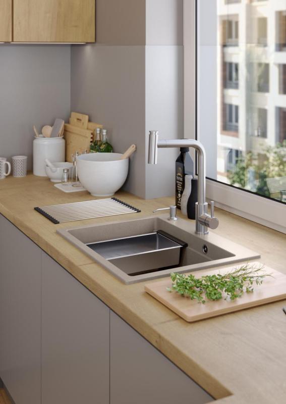 Quadri Durham Pearl Beige granite countertop sink 595x500 with soap dispenser, cutting board, insert sink and roll mat 1208971814