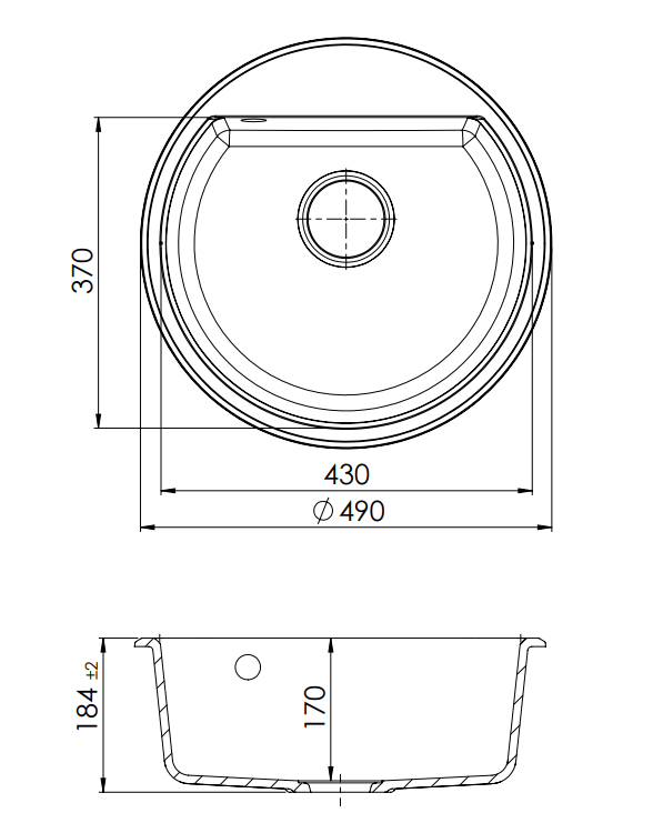 GraniteMy Bremen pia redonda de granito 43 cm preta, de superfície e embutida, com orifício para torneira e plugue automático em aço inoxidável 1208971840