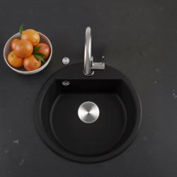 GraniteMy Bremen pia redonda de granito 43 cm preta, de superfície e embutida, com orifício para torneira e plugue automático em aço inoxidável 1208971840