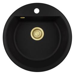 GraniteMy Bremen pia redonda de granito 43 cm preta, de montagem superior e inferior, com furo para torneira e plugue dourado 1208971841