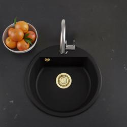 GraniteMy Bremen pia redonda de granito 43 cm preta, de montagem superior e inferior, com furo para torneira e plugue dourado 1208971841