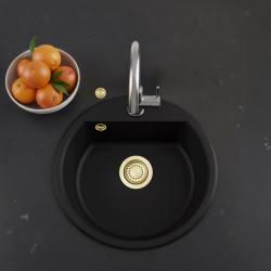 GraniteMy Bremen pia redonda de granito 43 cm preta, de sobrepor e embutir, com furo para torneira e plugue automático dourado 1208971843