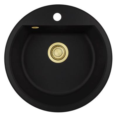 GraniteMy Bremen pia redonda de granito 43 cm preta, de sobrepor e embutir, com furo para torneira e plugue automático dourado 1208971843