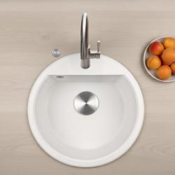 GraniteMy Bremen pia redonda de granito 43 cm branca, de superfície e embutida, com furo para torneira e plug automático em aço inoxidável 1208971845