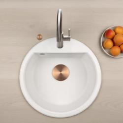 GraniteMy Bremen pia redonda de granito 43 cm branca, de superfície e de submontagem, com furo para torneira e plugue de cobre automático 1208971847