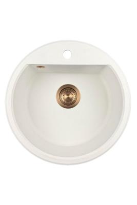 GraniteMy Bremen pia redonda de granito 43 cm branca, de superfície e de submontagem, com furo para torneira e plugue de cobre automático 1208971847