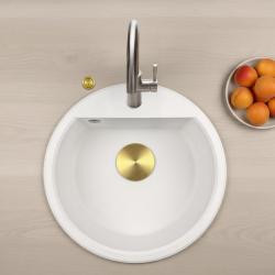 GraniteMy Bremen pia redonda de granito 43 cm branca, de sobrepor e embutir, com furo para torneira e plug automático dourado 1208971848