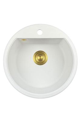 GraniteMy Bremen pia redonda de granito 43 cm branca, de sobrepor e embutir, com furo para torneira e plug automático dourado 1208971848