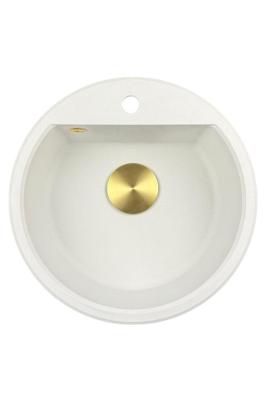 GraniteMy Bremen pia redonda de granito 43 cm branca, de sobrepor e embutir, com furo para torneira e plug automático dourado 1208971848