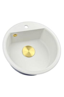 GraniteMy Bremen pia redonda de granito 43 cm branca, de sobrepor e embutir, com furo para torneira e plug automático dourado 1208971848