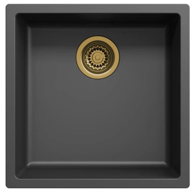Pia de fibra Ausmann preta 40x40cm de embutir, sobrepor e de instalação plana com plugue dourado automático 1208971853