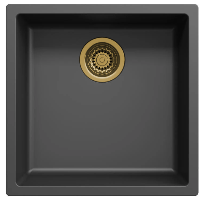 Pia de fibra Ausmann preta 40x40cm de embutir, sobrepor e de instalação plana com plugue dourado automático 1208971853