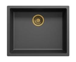 Pia de fibra Ausmann preta de 50x40cm para embutir, sobrepor e montagem plana com plugue automático dourado 1208971859