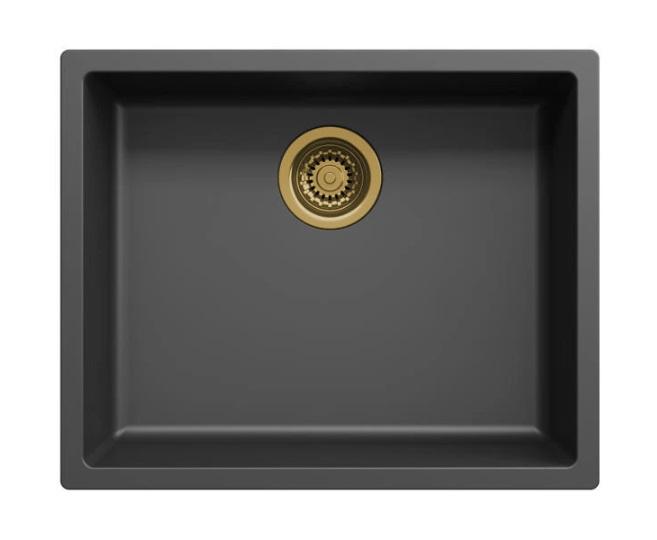 Pia de fibra Ausmann preta de 50x40cm para embutir, sobrepor e montagem plana com plugue automático dourado 1208971859