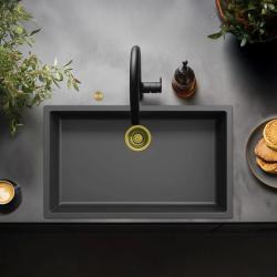 Ausmann Fibre preto grande pia de 70x40cm para instalação inferior, superior e plana com plugue automático dourado 1208971864