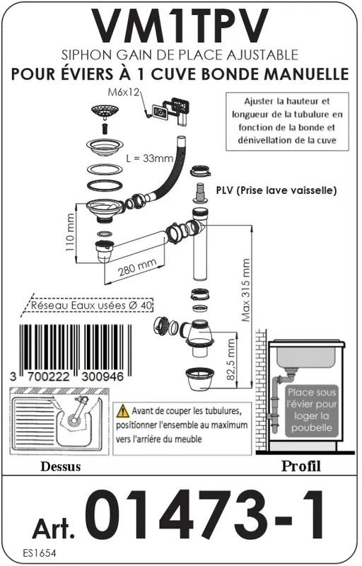 Conjunto de drenagem Ausmann em aço inoxidável com overflow quadrado incl. sifão para pia simples 1208971877