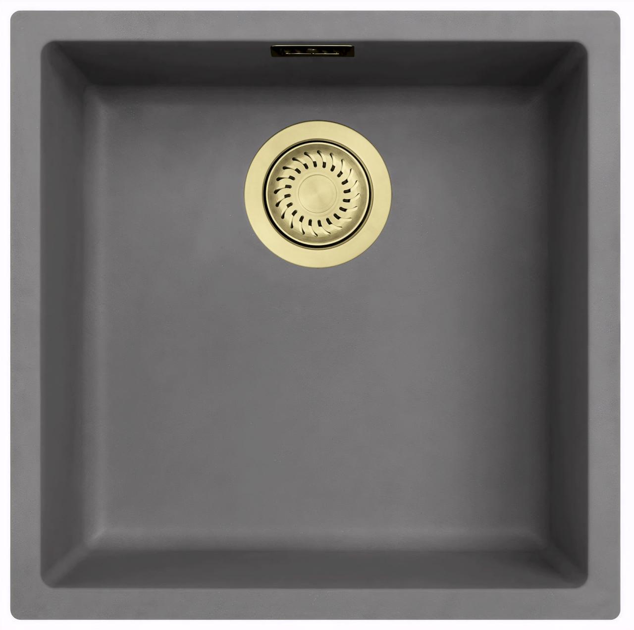 Ausmann Fibre pia de concreto cinza 40x40cm para embutir, sobrepor e montar na superfície com plugue automático dourado 1208971913