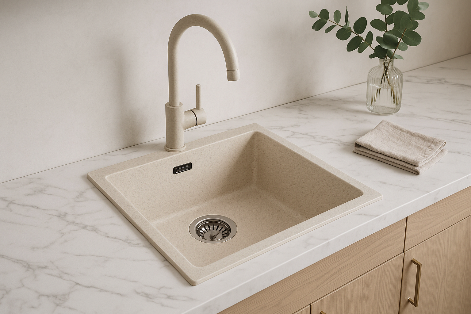 Ausmann Fibre pia de areia branca 40x40cm de subestrutura, sobreposição e embutida com plugue automático de aço inoxidável 1208971925