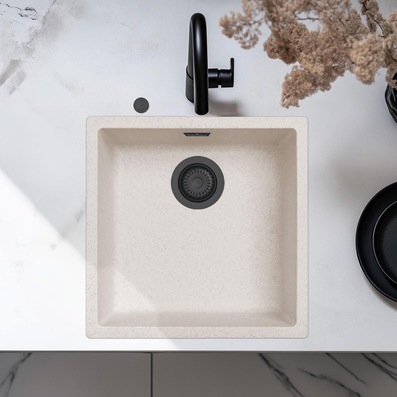 Ausmann Fibre pia de areia branca 40x40cm para embutir, sobrepor e instalar ao nível com plugue automático preto 1208971926