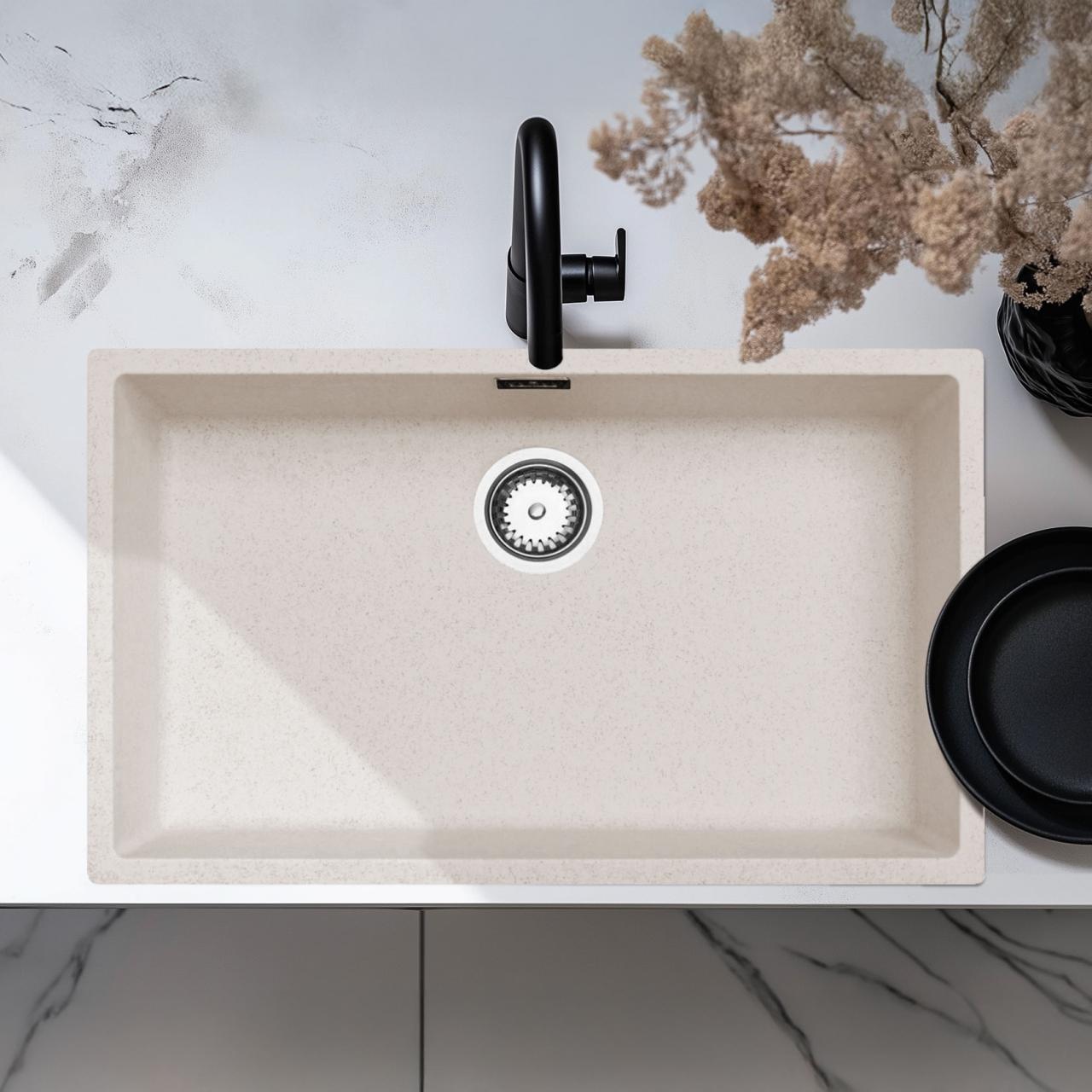 Ausmann Fibre areia branca grande pia de 70x40cm para embutir, sobrepor e instalar na superfície com plug automático de aço inoxidável 1208971935