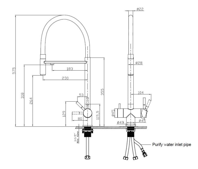 Pure.Sink Elite Aço Flex 3-vias Torneira de cozinha preta fosca com saída flexível e Água Filtrada PS8110-10