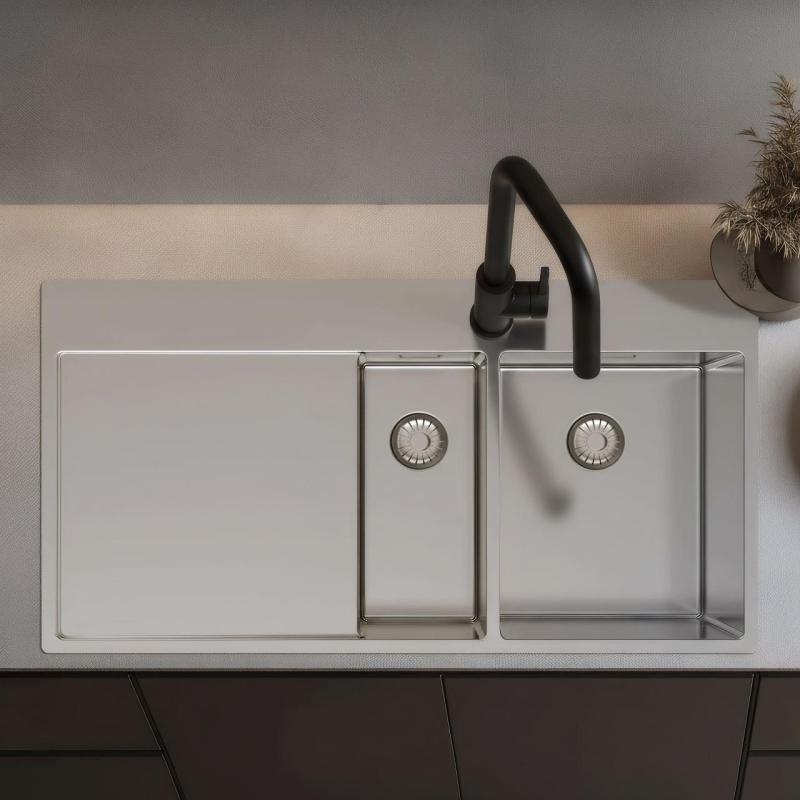 Pure.Sink Exclusivo Pia em aço inoxidável 1,5 com escorredor 100x52 cm Torneira à direita PEX3418100RT-02