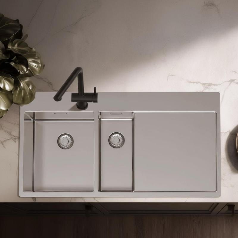 Pure.Sink Exclusivo Pia em aço inoxidável 1,5 com escorredor 100x52 cm Torneira Tapwing esquerda PEX3418100LT-02