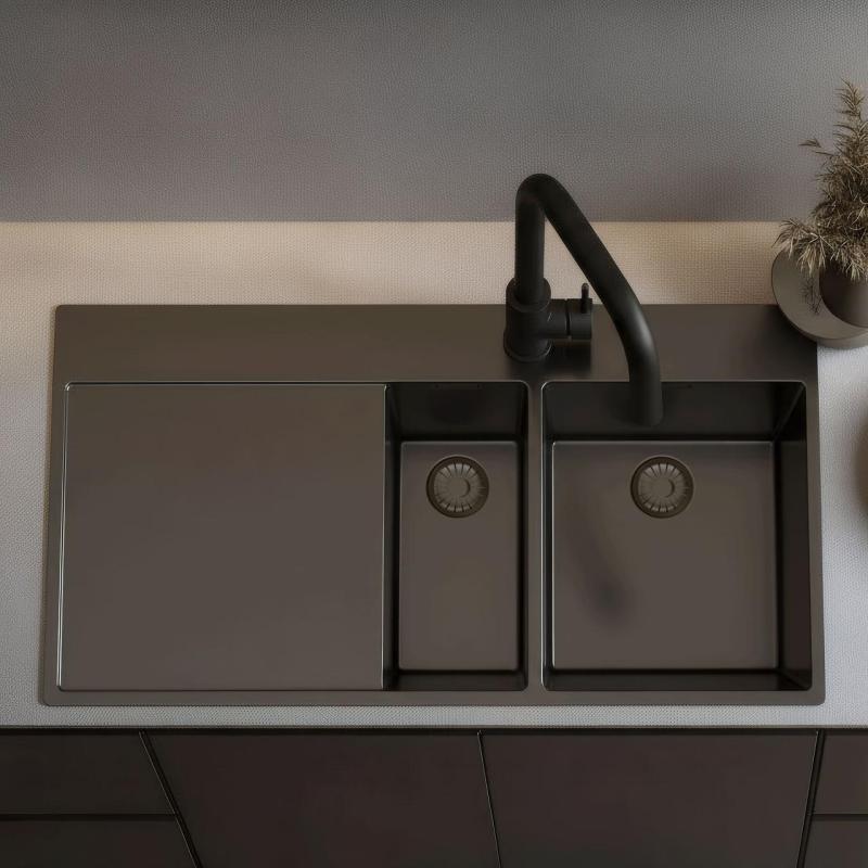 Pure.Sink Exclusivo Pia Gun Metal 1,5 com escorredor 100x52 cm Torneira Tapwing direita PEX3418100RT-61