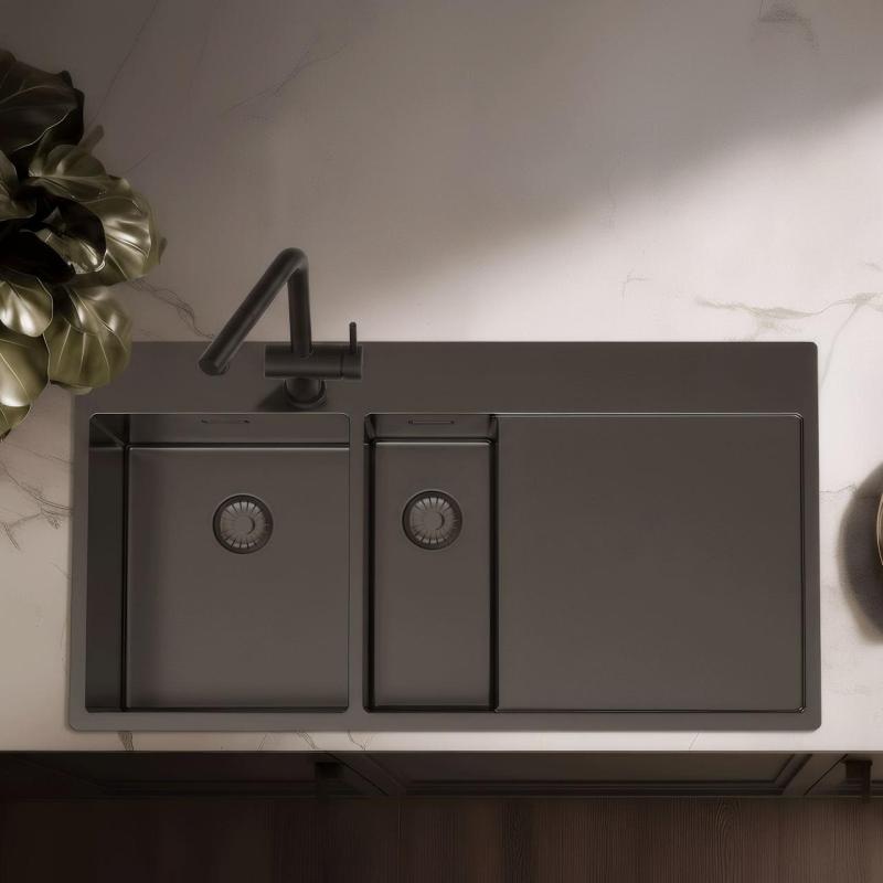 Pure.Sink Exclusivo Pia Gun Metal 1,5 com escorredor 100x52 cm Torneira Tapwing esquerda PEX3418100LT-61