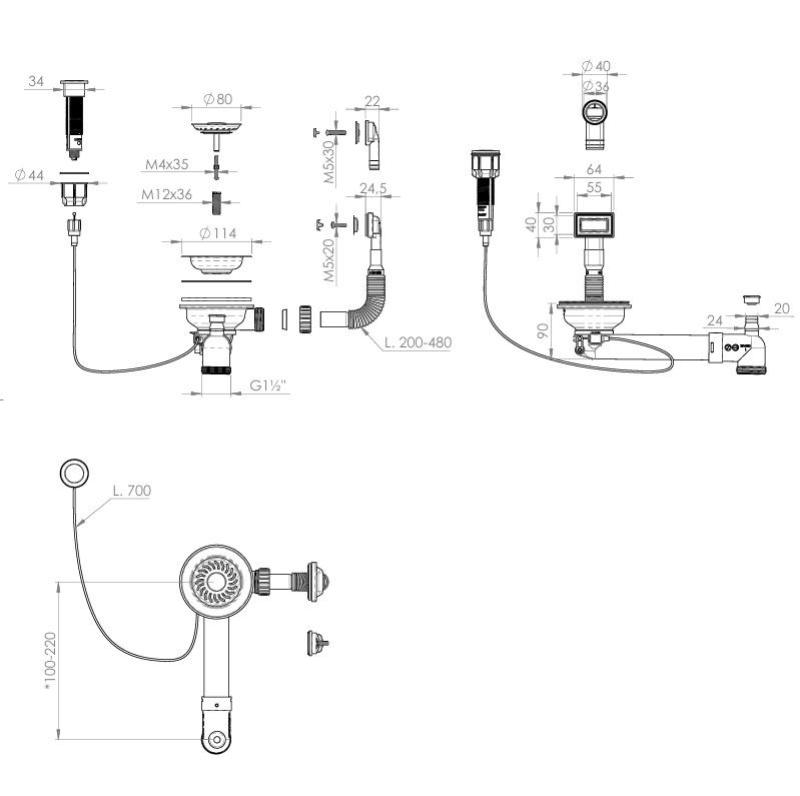 Pure.Sink Universal Conjunto de drenagem dourado incluindo botão de pressão com tampão, além de transbordamento retangular e redondo WSTAUT-60