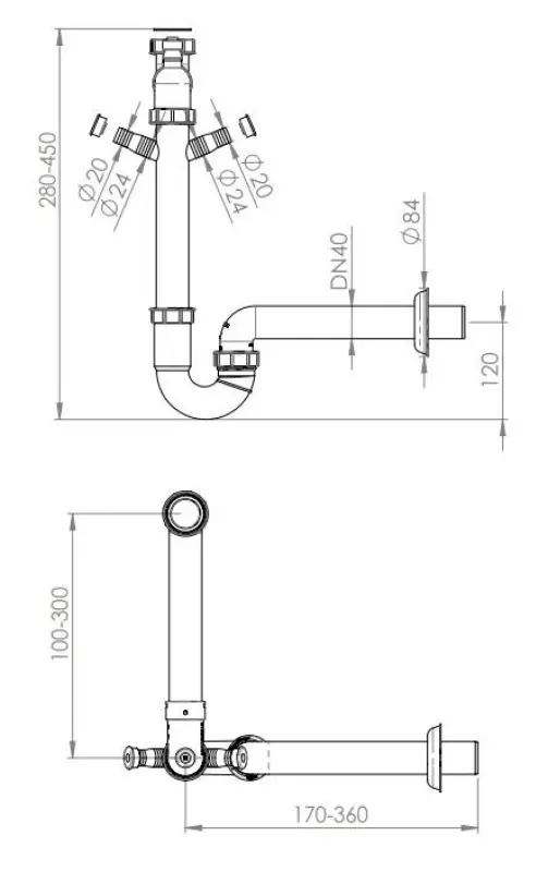 Pure.Sink Universal Sifão economizador de espaço para pia de cozinha com 2 conexões para lava-louças WSTSSI-32