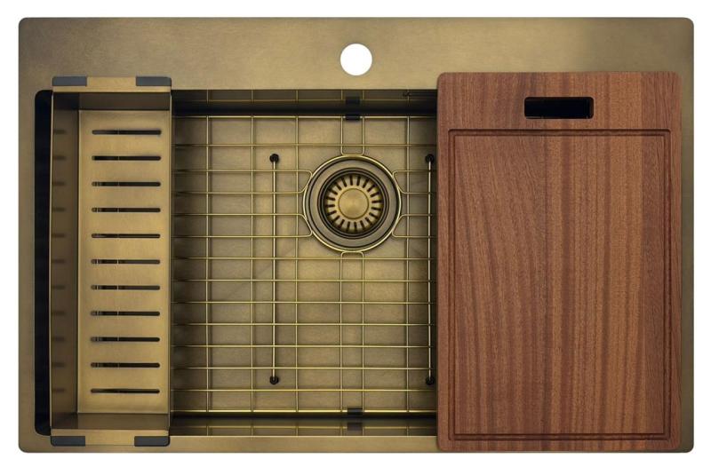 Pure.Sink Luxion Grande pia de bronze antigo PVD 78x50 cm Torneira com encaixe para torneira e prateleira inferior PLX7850T-64