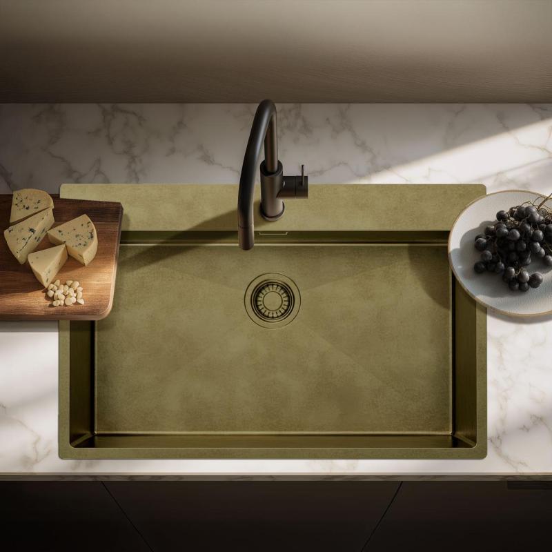 Pure.Sink Luxion Grande pia de bronze antigo PVD 78x50 cm Torneira com encaixe para torneira e prateleira inferior PLX7850T-64