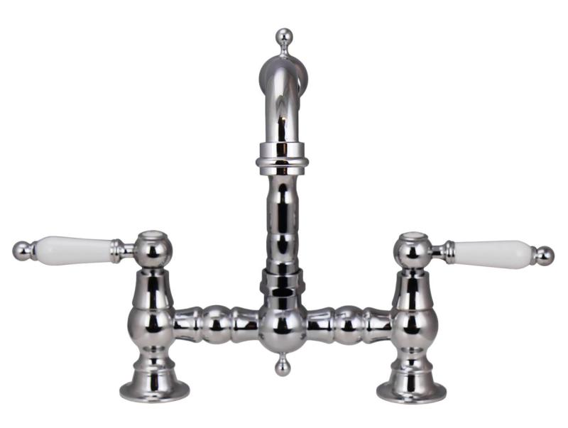 Aquanello Heritage Manor Classic Kitchen Nostalgic Bridge Kitchen Faucet Chrome with White Handle CR-0010-HM