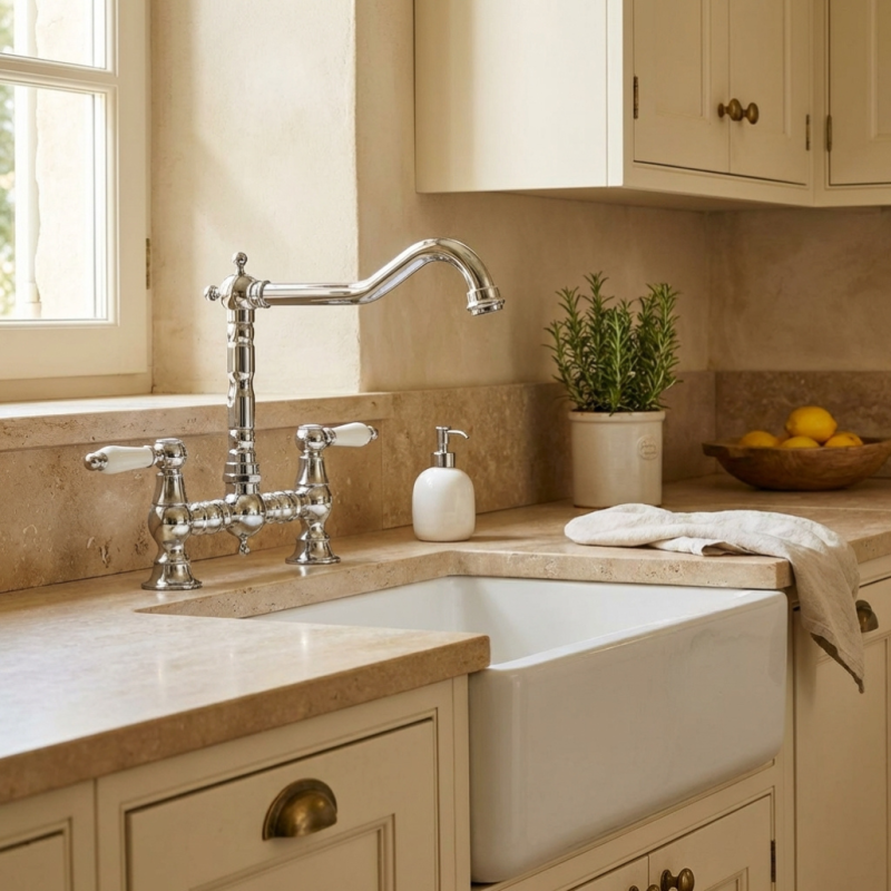 Aquanello Heritage Manor Classic Kitchen Nostalgic Bridge Kitchen Faucet Chrome with White Handle CR-0010-HM