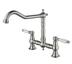 Aquanello Heritage Manor Torneira de cozinha clássica com design nostálgico em aço inoxidável e manípulo branco NB-0010-HM