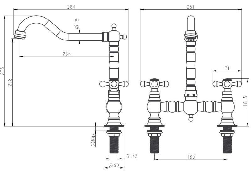 Aquanello Heritage Ascot Torneira de cozinha clássica com design nostálgico em bronze e manípulos em cruz BN-4001-HA