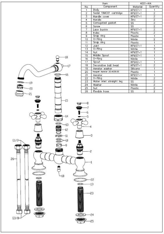 Aquanello Heritage Ascot Torneira de cozinha clássica com design nostálgico em bronze e manípulos em cruz BN-0011-HM