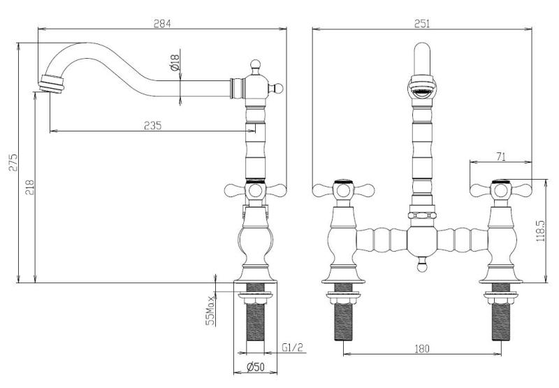 Aquanello Heritage Ascot Torneira de cozinha clássica com design nostálgico em forma de ponte, preta com manípulos em cruz BL-4001-HA